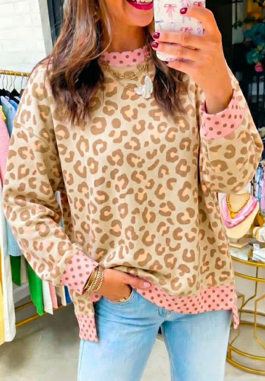 Leopard Polka Pink Trim Top