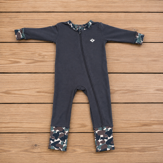 Baby BURLEBO Full Zip Convertible Pajamas- Grey & Camo