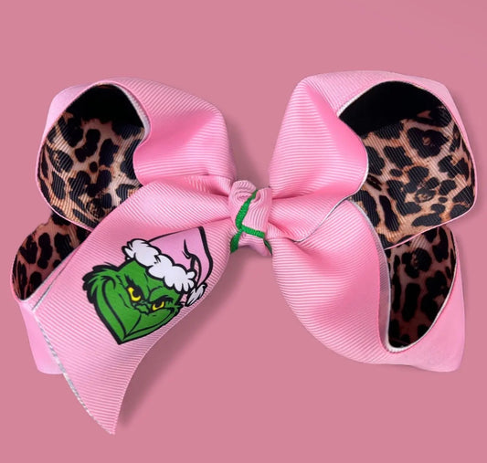 6” Pink & Leopard Grinch Bow
